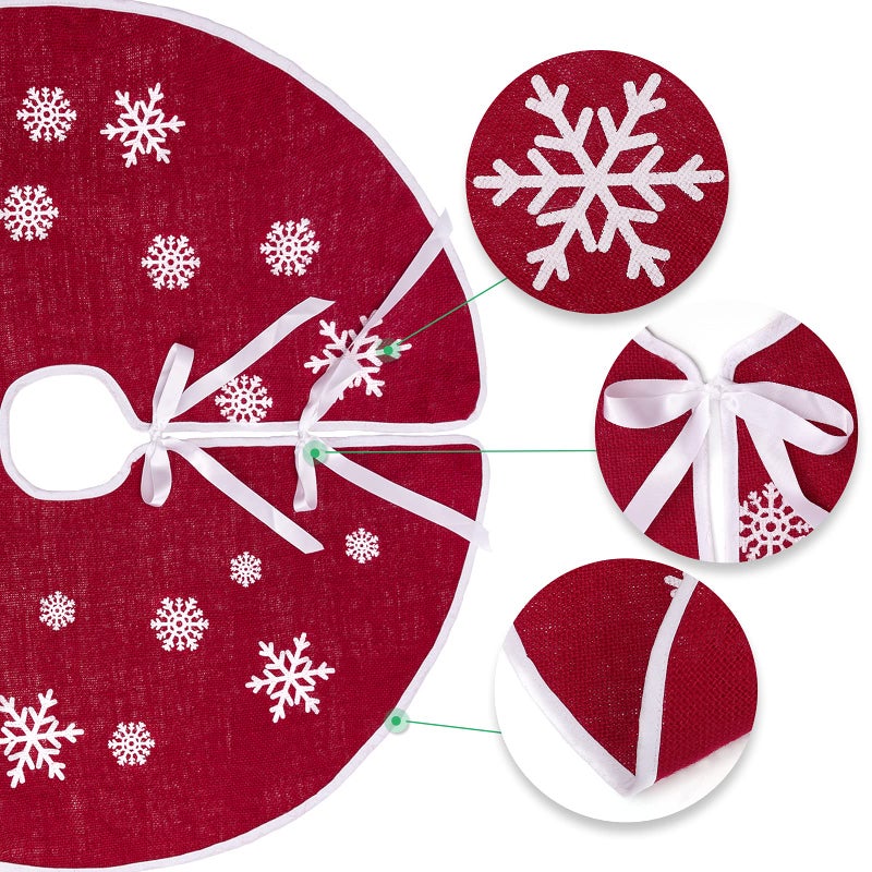 MACTING Christmas Burlap Tree Skirt, 30 Inch Red Countryside Tree Skirt with White Snowflake Printed, Small Rustic Tree Mat for Home Party Holiday Winter Indoor Xmas Decorations - Image 4